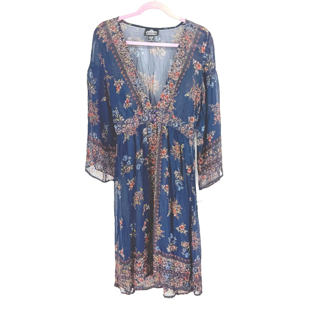 Navy New Blue Floral Fairy Sheer Festival Midi Dress Overlay Sz S y2k Resortwear